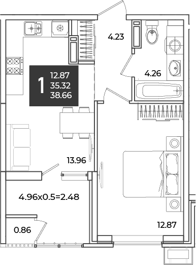 1-комн., 35.32 м², 18/18 этаж, ЖК «Образцово»