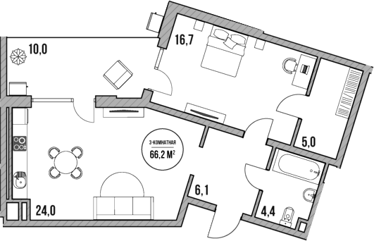 2-комн., 56.2 м², 1/5 этаж, ЖК «МореТут»