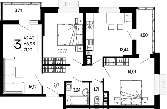 3-комн., 66.98 м², 12/16 этаж, ЖК «Эпос»