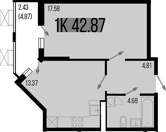 1-комн., 40.44 м², 3/8 этаж, ЖК «Цветной бульвар»