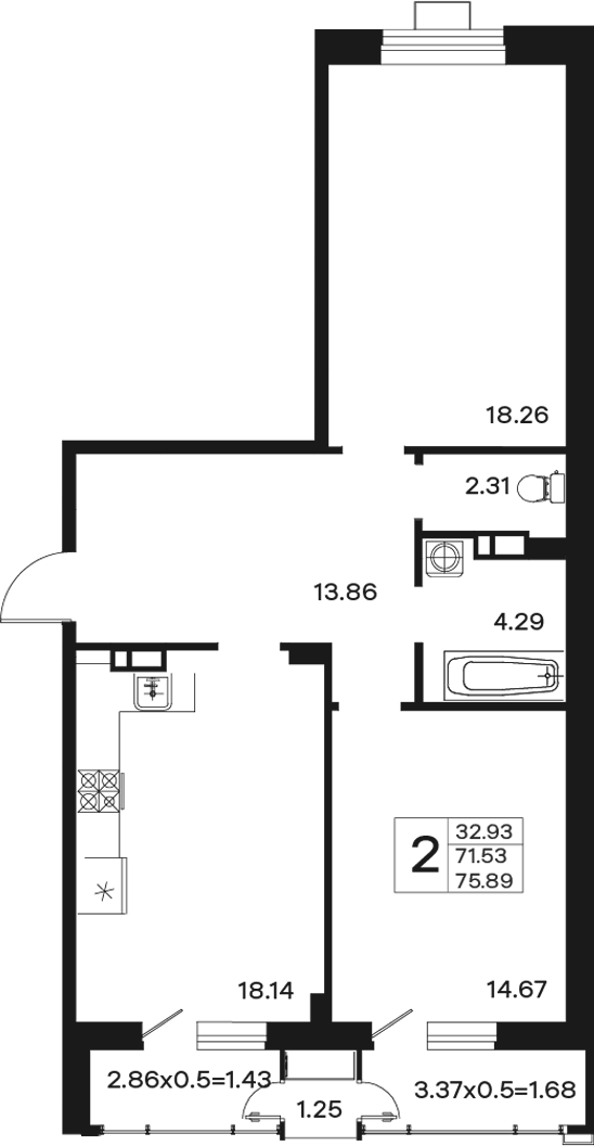 2-комн., 70.18 м², 10/12 этаж, ЖК «Эндемик»
