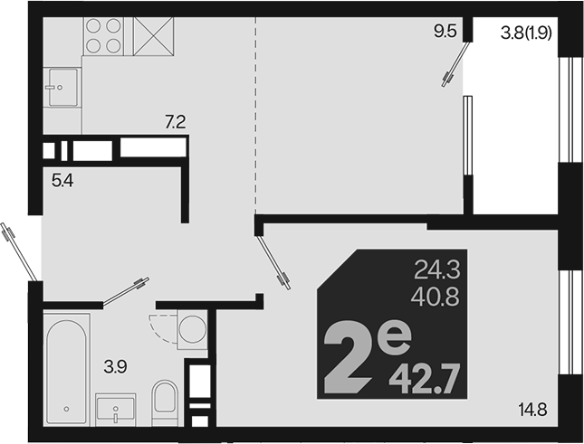 2-комн., 40.8 м², 18/18 этаж, ЖК «Первое место»