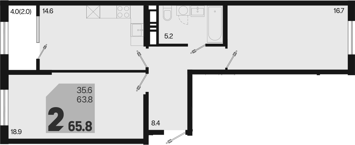 2-комн., 63.8 м², 6/18 этаж, ЖК «Первое место»