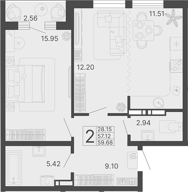 2-комн., 57.12 м², 17/20 этаж, ЖК «Светский лес»