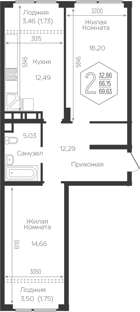 3-комн., 64.22 м², 12/16 этаж, ЖК «Гарантия PRIME»