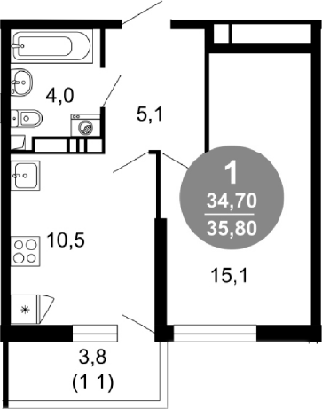 1-комн., 34.7 м², 2/17 этаж, ЖК «Лестория»