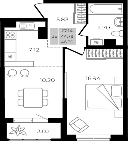 2-комн., 44.79 м², 1/8 этаж, ЖК «Курортный регион»