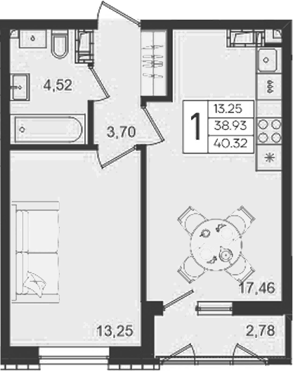 1-комн., 38.93 м², 13/18 этаж, ЖК «Дом 101»