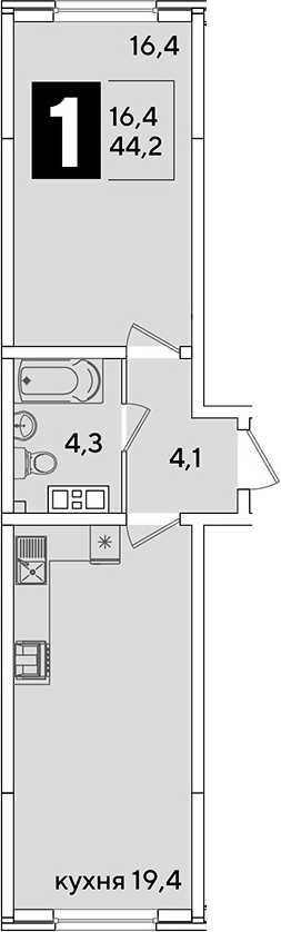 2-комн., 44.2 м², 4/16 этаж, ЖК «Самолет»