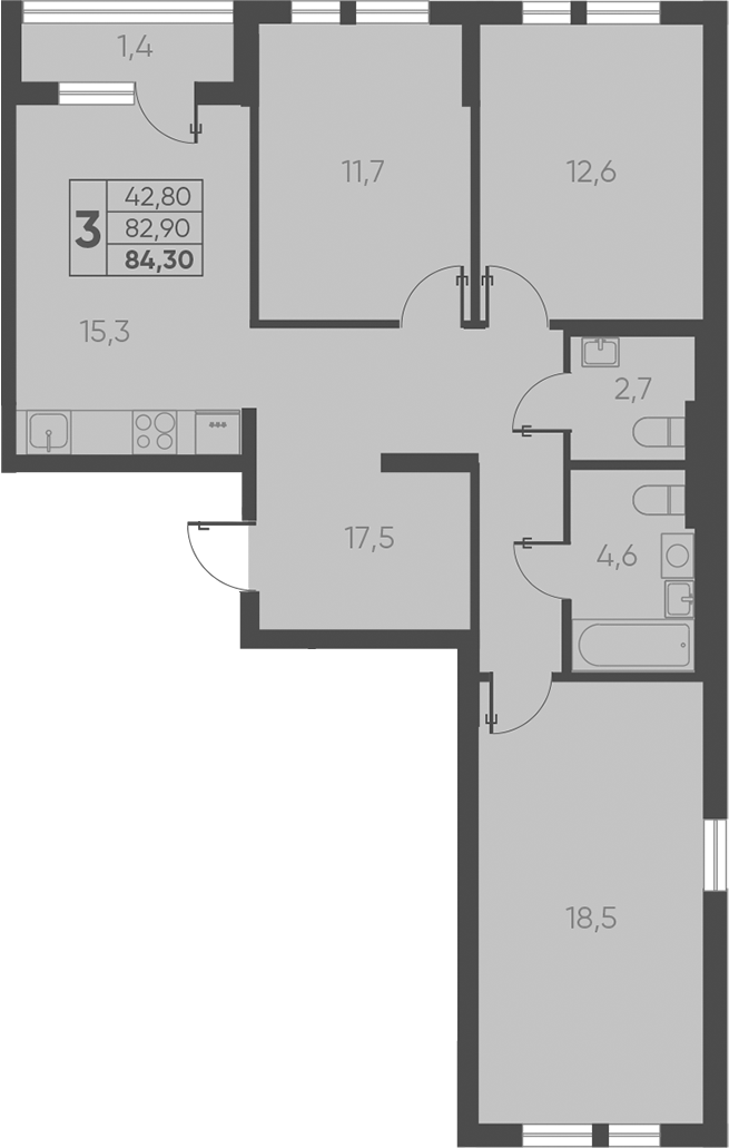 3-комн., 82.9 м², 11/15 этаж, ЖК «Барса»