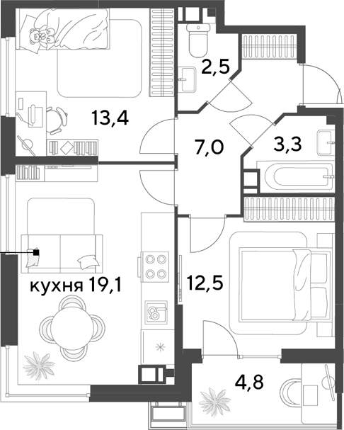 3-комн., 57.8 м², 3/9 этаж, ЖК «Парк Победы»