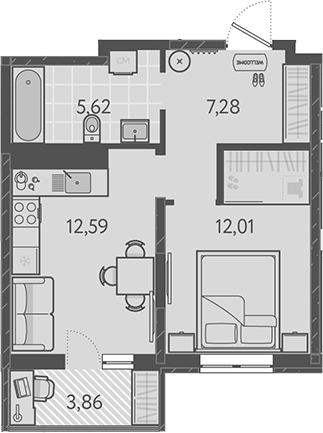 1-комн., 37.5 м², 9/18 этаж, ЖК «Теплые края»