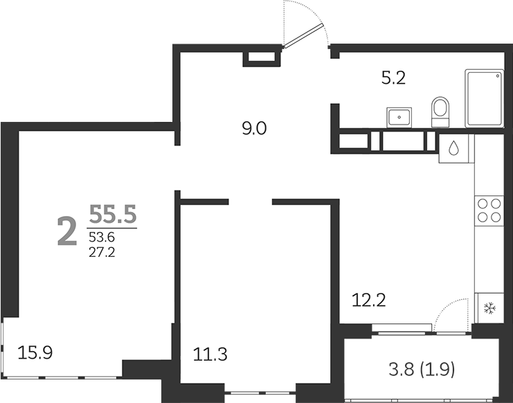 2-комн., 53.6 м², 3/24 этаж, ЖК «Все Свои VIP»