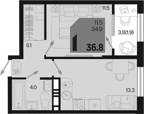 1-комн., 34.9 м², 13/18 этаж, ЖК «Первое место»