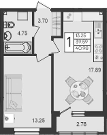 Продается 1-комн. квартира, 39.59 м²