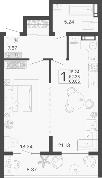 1-комн., 52.29 м², 13/20 этаж, ЖК «Светский лес»