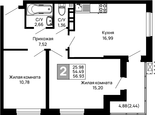 2-комн., 54.49 м², 8/13 этаж, ЖК «Долина»