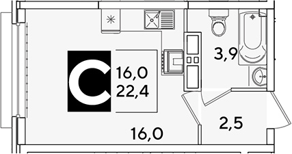 Студия, 22.4 м², 10/16 этаж, ЖК «Самолет»