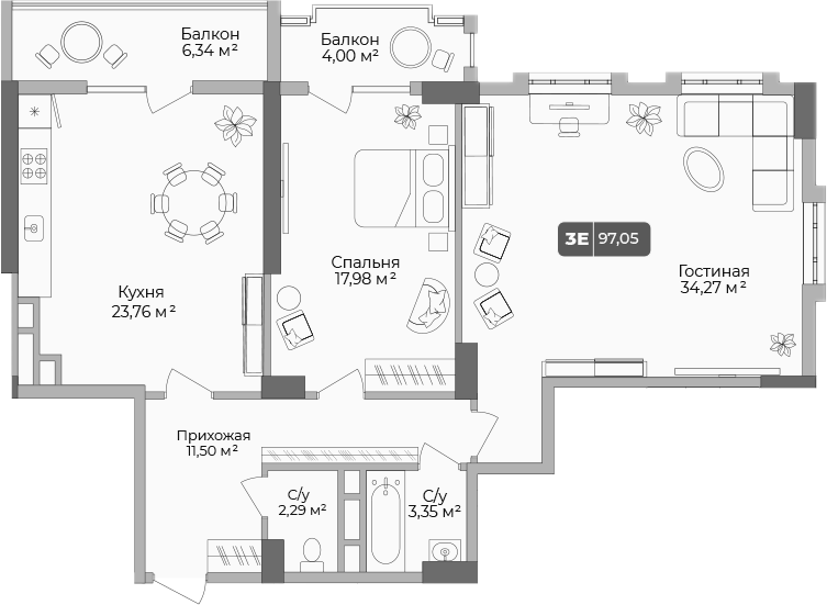 2-комн., 93.95 м², 10/17 этаж, ЖК «Золотой берег. СЗ Среда»