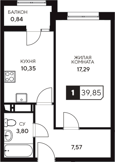 1-комн., 39.01 м², 6/20 этаж, ЖК «Центральный. Гамма»