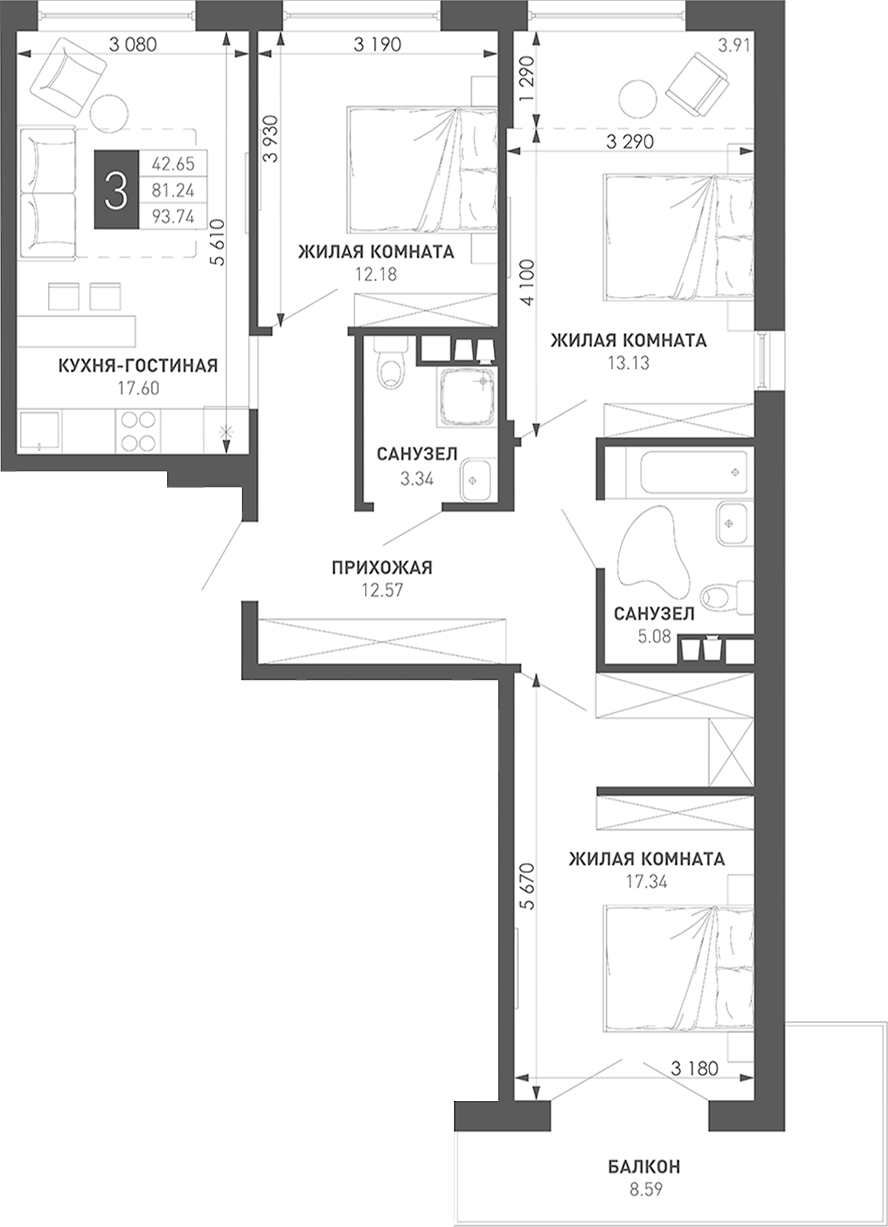 4+ комнаты, 87.2 м², 2/9 этаж, ЖК «Иначе в Молодежном»