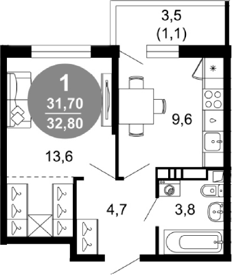 1-комн., 31.7 м², 2/17 этаж, ЖК «Лестория»