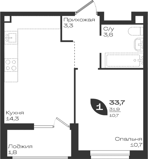 1-комн., 31.9 м², 2/9 этаж, ЖК «Ботаника»