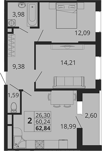 2-комн., 60.24 м², 18/18 этаж, ЖК «Родные Просторы»
