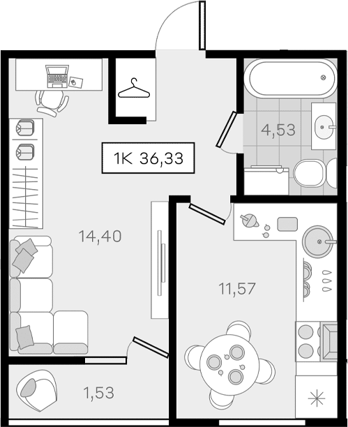 1-комн., 34.8 м², 5/8 этаж, ЖК «История 3»