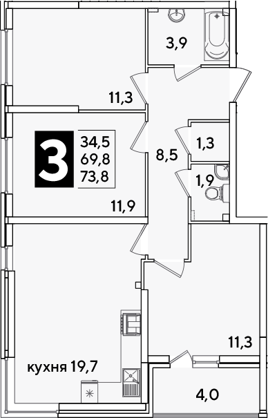 Продается 4-комн. квартира, 69.8 м²
