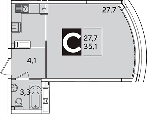 Студия, 35.1 м², 12/16 этаж, ЖК «Самолет»