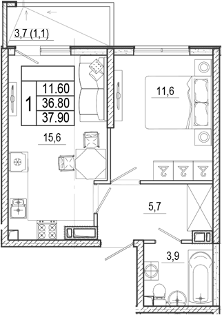 2-комн., 36.8 м², 5/15 этаж, ЖК «Лестория»