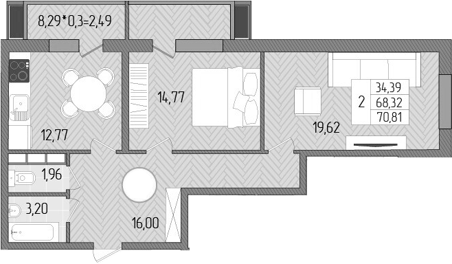 2-комн., 68.32 м², 2/8 этаж, ЖК «Сады у моря»