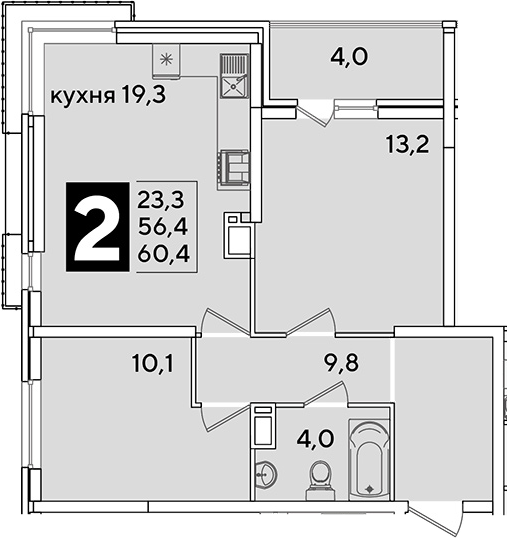 3-комн., 56.4 м², 14/16 этаж, ЖК «Самолет»