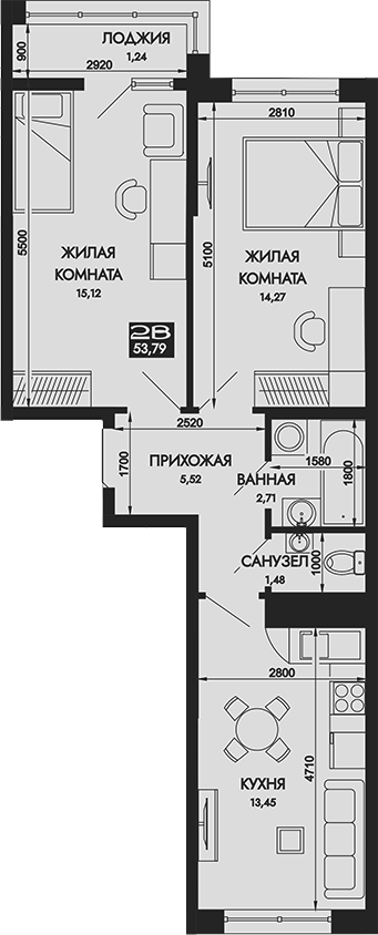 2-комн., 52.55 м², 12/16 этаж, ЖК «Вершины. ГК Смена»