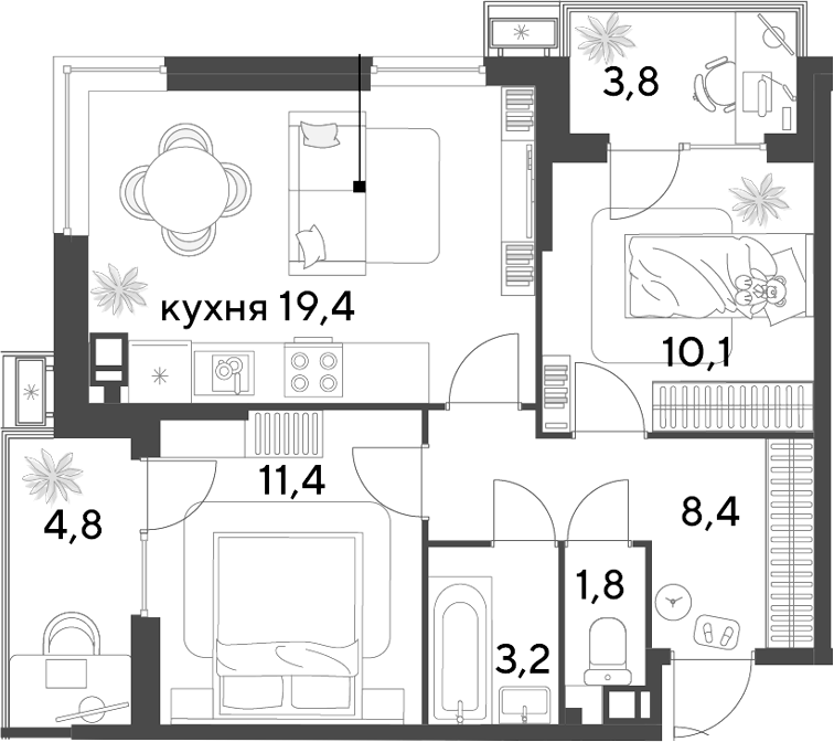 3-комн., 54.3 м², 3/9 этаж, ЖК «Парк Победы»