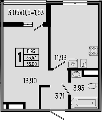 1-комн., 33.47 м², 16/18 этаж, ЖК «Ботаника Хиллс»