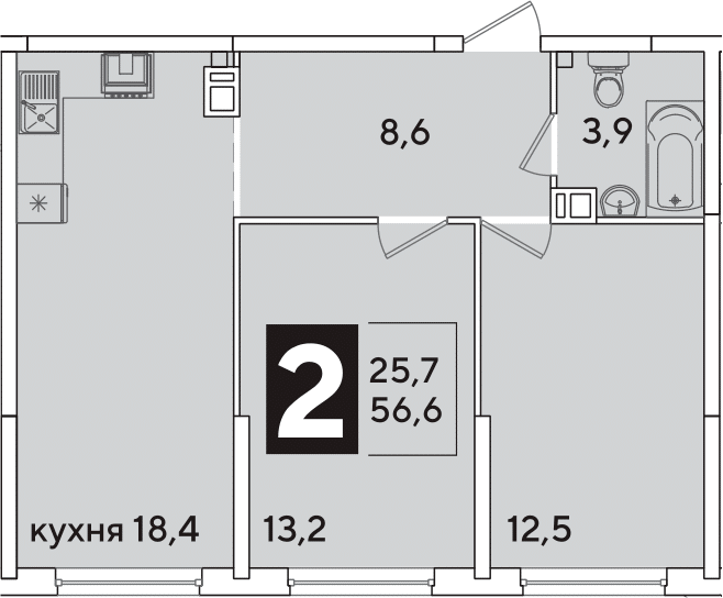 3-комн., 56.6 м², 9/16 этаж, ЖК «Самолет»