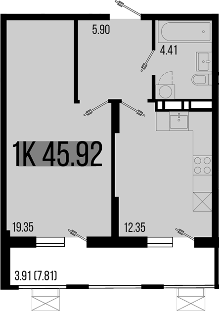 1-комн., 42.01 м², 2/8 этаж, ЖК «Цветной бульвар»