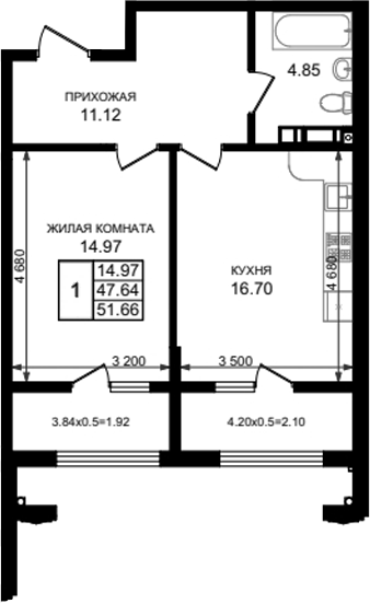 1-комн., 47.64 м², 2/8 этаж, ЖК «Резиденция морей»