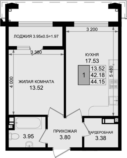 1-комн., 42.18 м², 6/8 этаж, ЖК «Резиденция морей»
