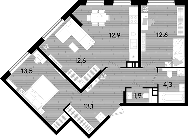 3-комн., 70.9 м², 3/16 этаж, ЖК «DОГМА ПАРК»