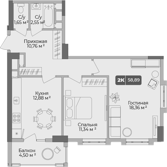 2-комн., 57.54 м², 14/17 этаж, ЖК «Золотой берег. СЗ Среда»