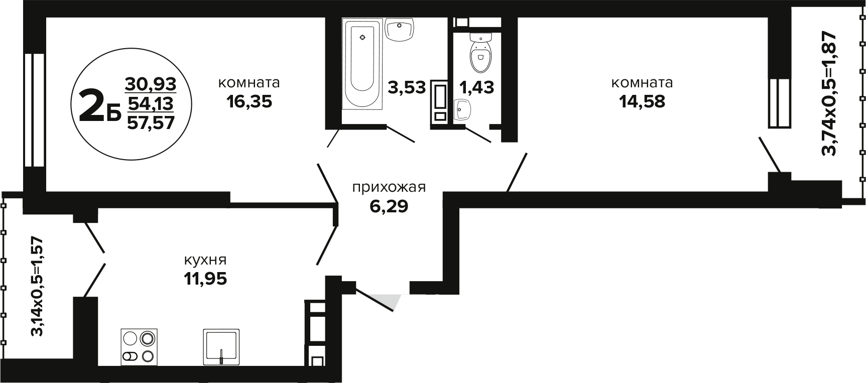 2-комн., 54.13 м², 10/24 этаж, ЖК «Гулливер»