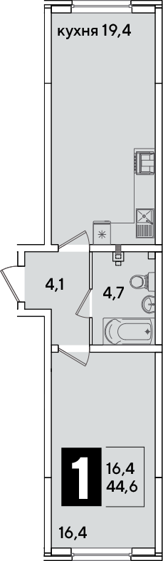 2-комн., 44.6 м², 1/16 этаж, ЖК «Самолет»