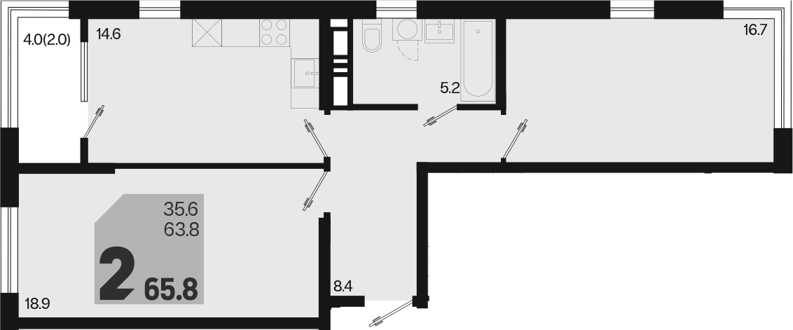 2-комн., 63.8 м², 18/18 этаж, ЖК «Первое место»