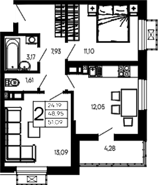 2-комн., 48.95 м², 11/14 этаж, ЖК «Эпос»