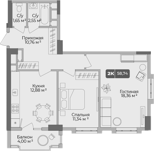 2-комн., 57.54 м², 10/17 этаж, ЖК «Золотой берег. СЗ Среда»