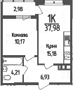 1-комн., 36.49 м², 8/9 этаж, ЖК «Кумир»
