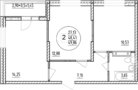 2-комн., 48.41 м², 5/12 этаж, ЖК «Друг»